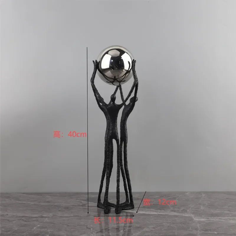 Creative Black Cast Iron Figure Sculpture, Holding a Silver Ball, Desktop Decoration Ornaments, Metal Crafts, Home Decoration