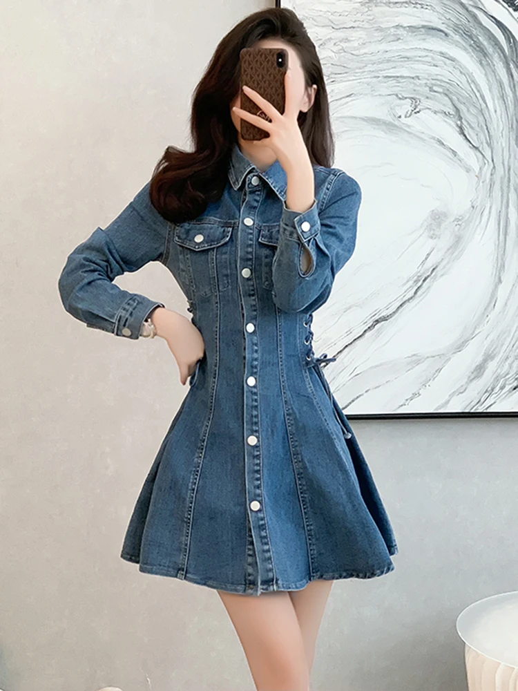 Korean A-line Mini Denim Dress  Women\'s Clothing Autumn New Style  High Waist Belt Polo Neck A-line Dresses Bandage Waist Design