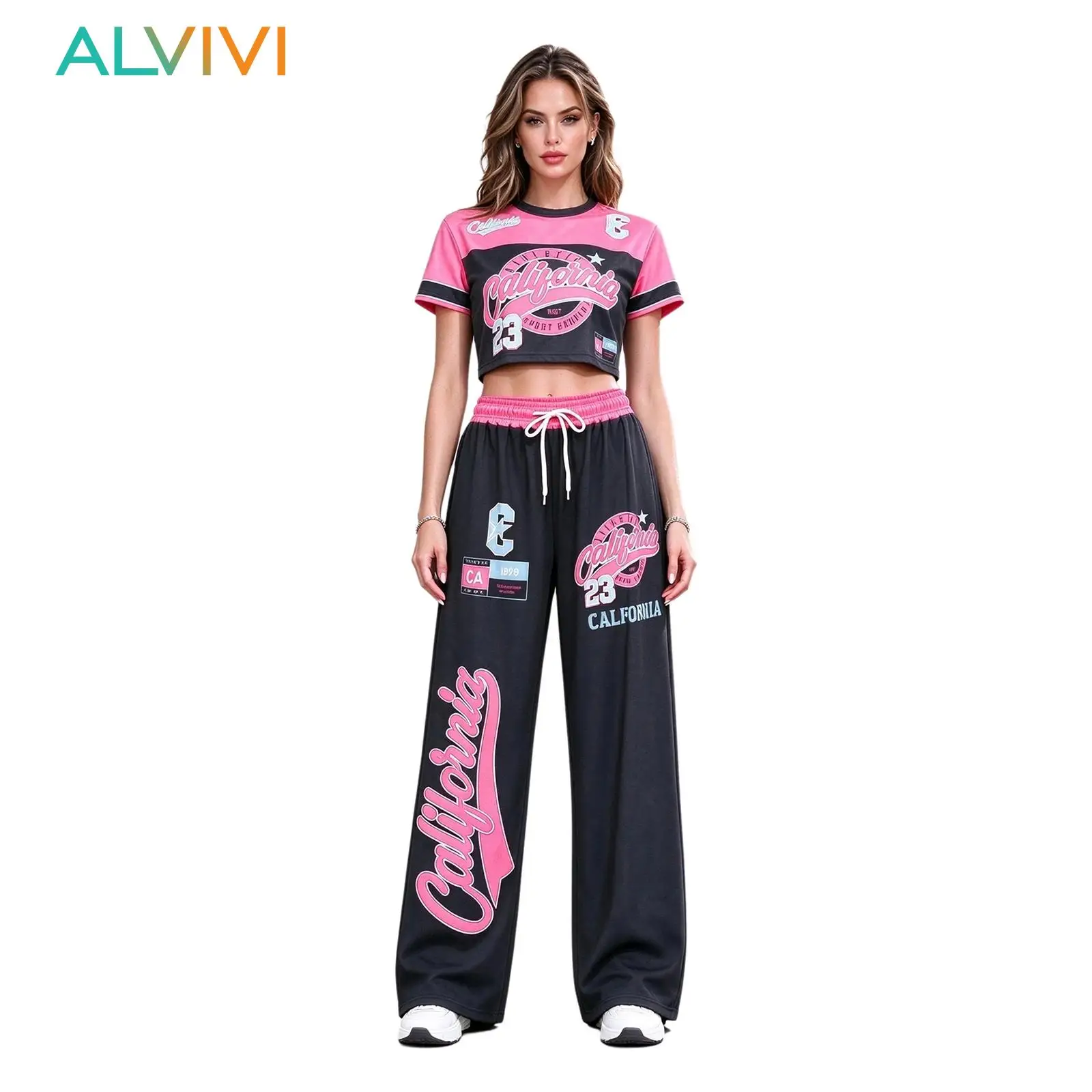 Ladies Street Dance 2Pcs Outfit Letter Print Short Sleeve Cropped Tee And Wide Leg Trousers Hip Hop Dancing Performance Wear