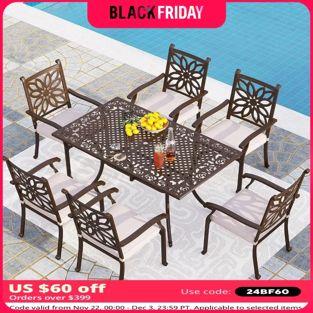 Aluminum Patio Dining Set for 6, Extra Wide Dining Chairs with Cushions, All Weather-resistant, Easy To Clean, Outdoor Tables