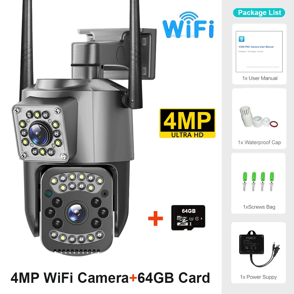 4K 8MP Dual Lens WiFi IP Camera Night Vision Ai Human Detect PTZ Outdoor Video Camara Wireless V380 Pro CCTV Security Protection