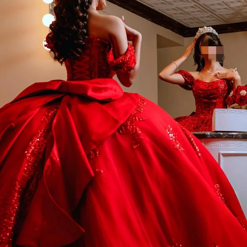 Красное платье Quinceanera по индивидуальному заказу, бальное платье с открытыми плечами, блестящее женское платье для выпускного вечера, дня рождения, Vestidos De 15 лет, 16-летнее