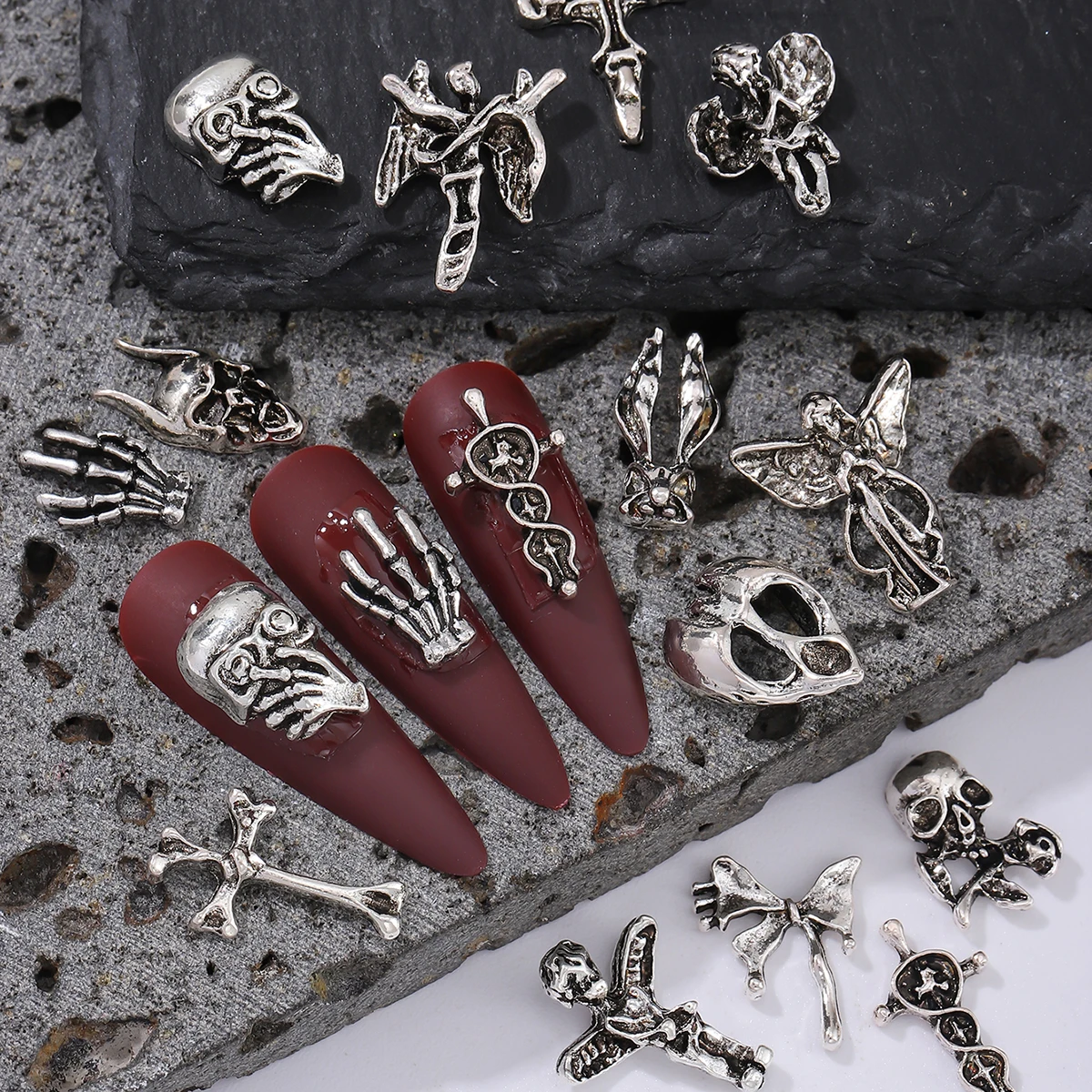 50 punk angel, croce, teschio e altre decorazioni per unghie miste casuali, decorazione per unghie fai da te in metallo y2k, glitter per unghie gotiche europee