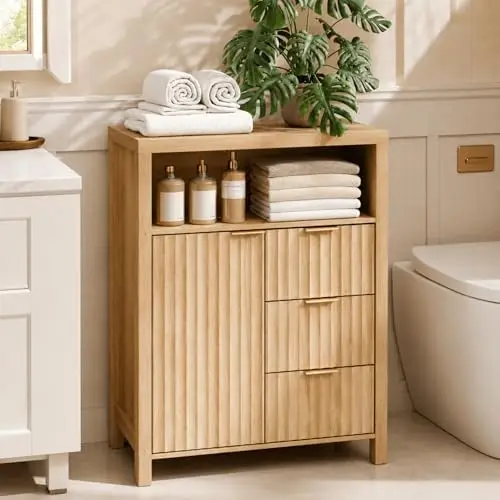 

Bathroom Storage Cabinet with 3 Drawers & Door, Slim Freestanding Floor Cabinet Organizer for Small Spaces, 30mm
