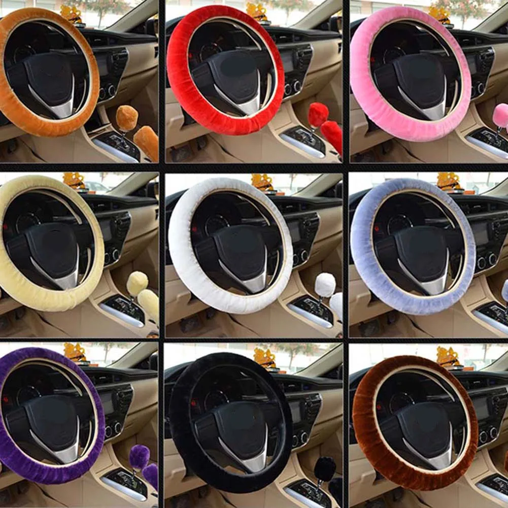 

Universal Car Steering Wheel Cover Gearshift Handbrake Protector Anti-Slip Warmer Fur Automotive Steering-Wheel Plush Covers