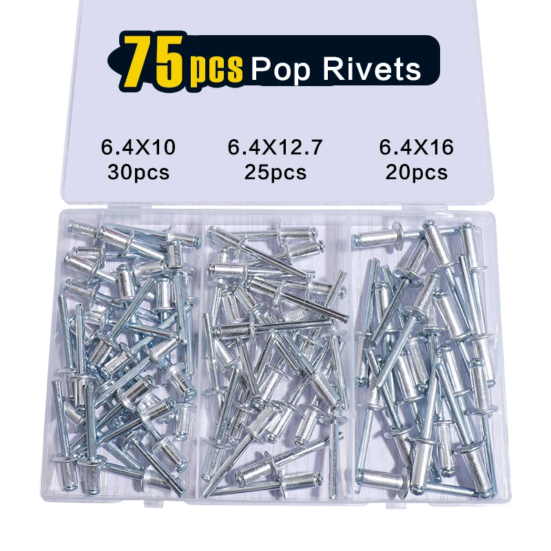 75 Pcs 1/4 Inches Pop Rivets Assortment Kit - 3 Sizes Aluminum Rivets 1/4
