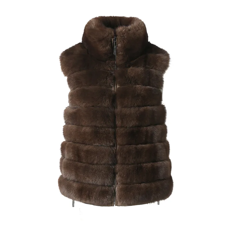 Winter Women Thick Warm Real Rex Rabbit Fur Vest Stand Collar Down Stitching Lady Fashion Chinchilla Colour Outwear