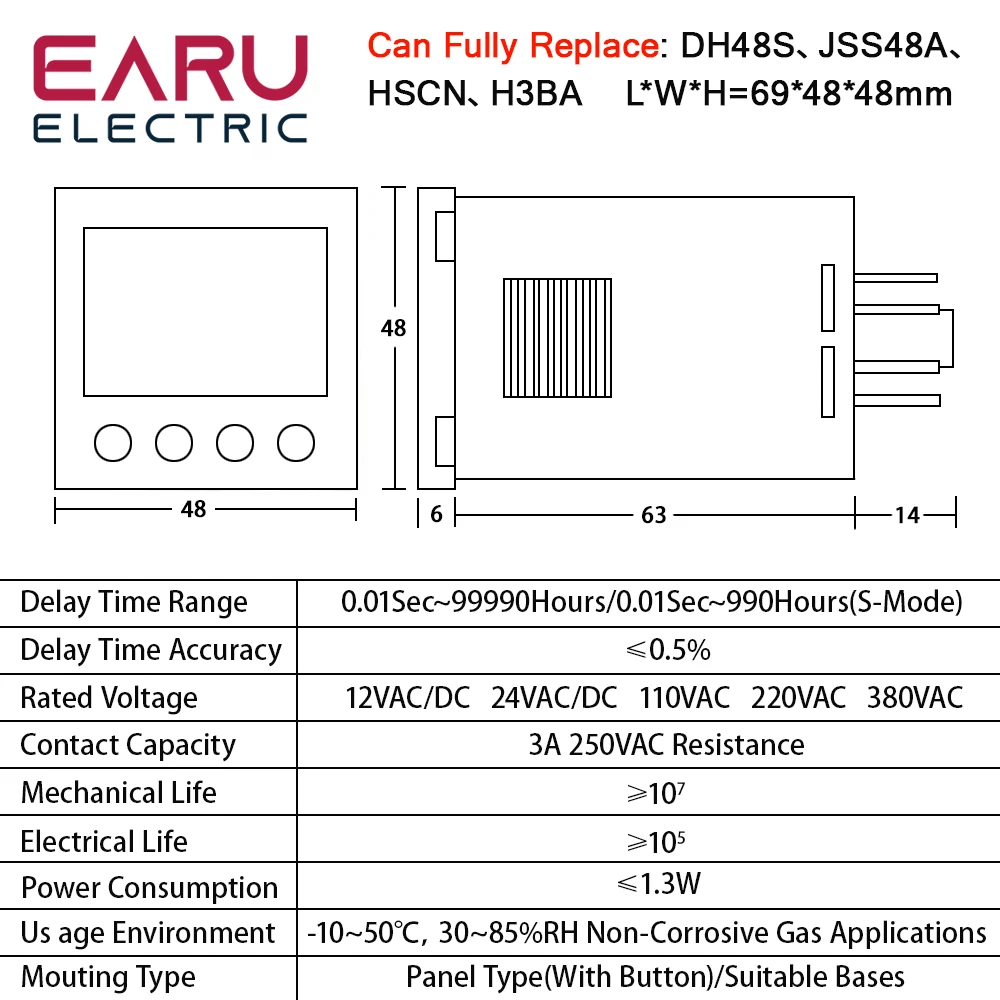 New DH48S DC/AC12V 24V AC110V 220V 380V Precision Programmable Delay Relay 0.01S-99990h With Socket Base DH48S Series Time Relay