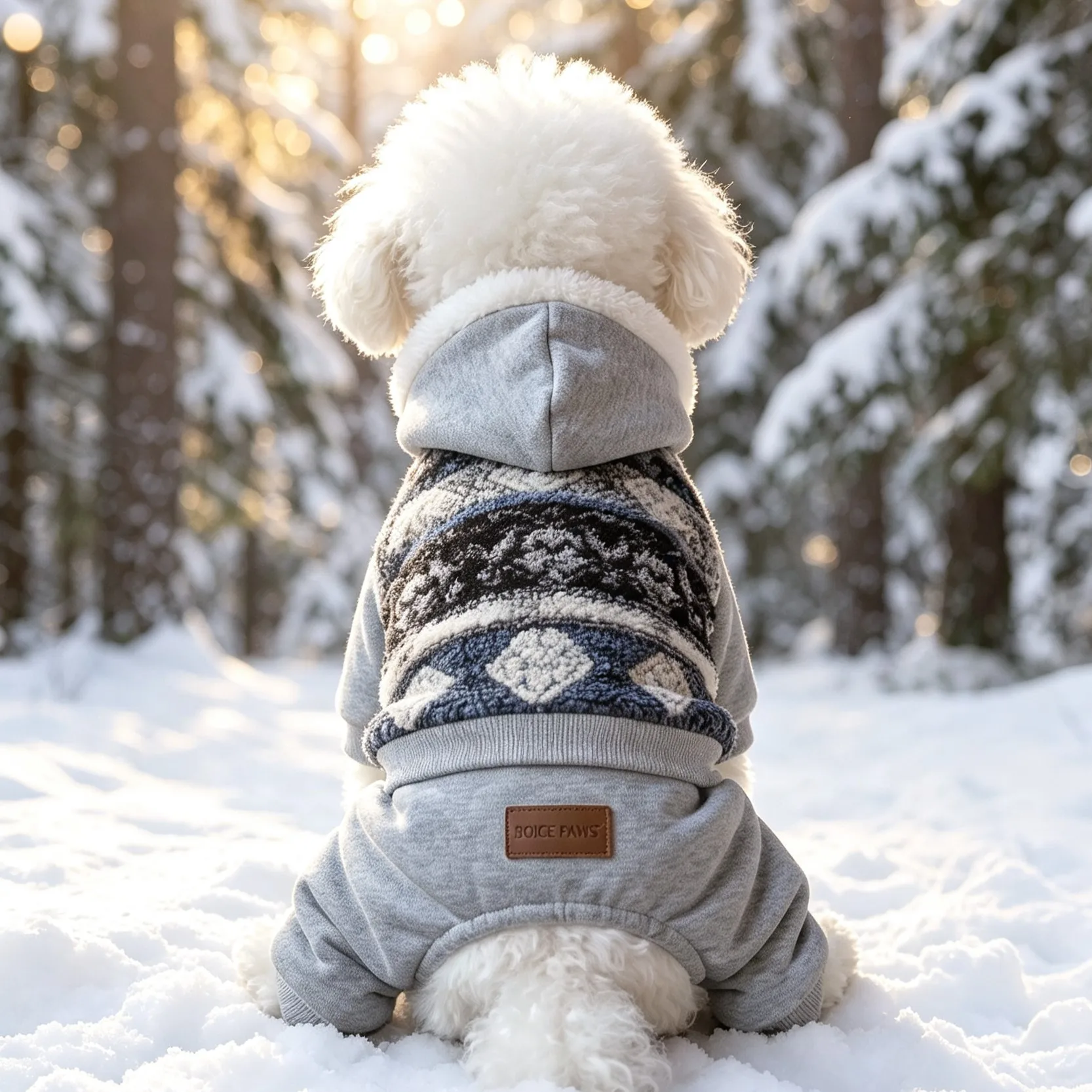 Vierbeiniger Anzug mit Kapuze für Hunde, im ethnischen Stil, mit Jacquard-Muster und Fransen am Saum, vorne mit Druckknöpfen zu öffnen, mit gerippten Ärmel- und Hosenbündchen. – Detail 11