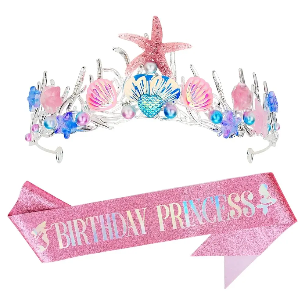 

Mermaid Birthday Sash and Crown Pink Mermaid Birthday Crown for Women Princess Mermaid Birthday Decorations Mermaid Crown Adu