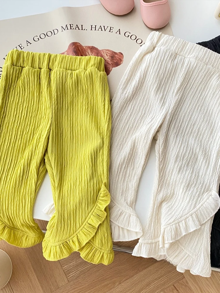 

Girls' Casual Pants Korean Sle Draped Bell Bot Summer Nine Points Pants Trendy Baby Girls' Clothing Silk Material