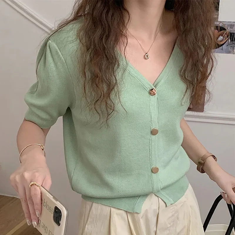 

Women Clothing Short Sleeve Knitted Sweater Women Cardigans Fashion V-Neck White Knit Sweater Cardigan Women Tops Sweaters Q3397
