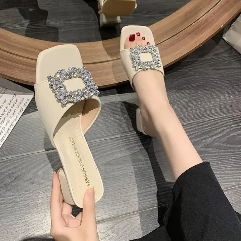 Women\'s Slippers Summer 2024 Rhinestones Mid Heel Elegant Sandals Fashion Outdoor Beach Shoes Slides Chanclas Mujer Playa