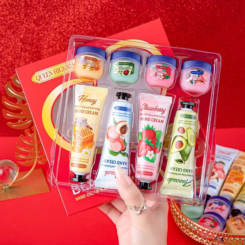 Christmas Hand & Lip Care Gift Set 8Pcs,Fruit Scent Hand Cream Lip Mask Kit,Winter Moisturizing Anti-Dry Skincare Pack,Holiday