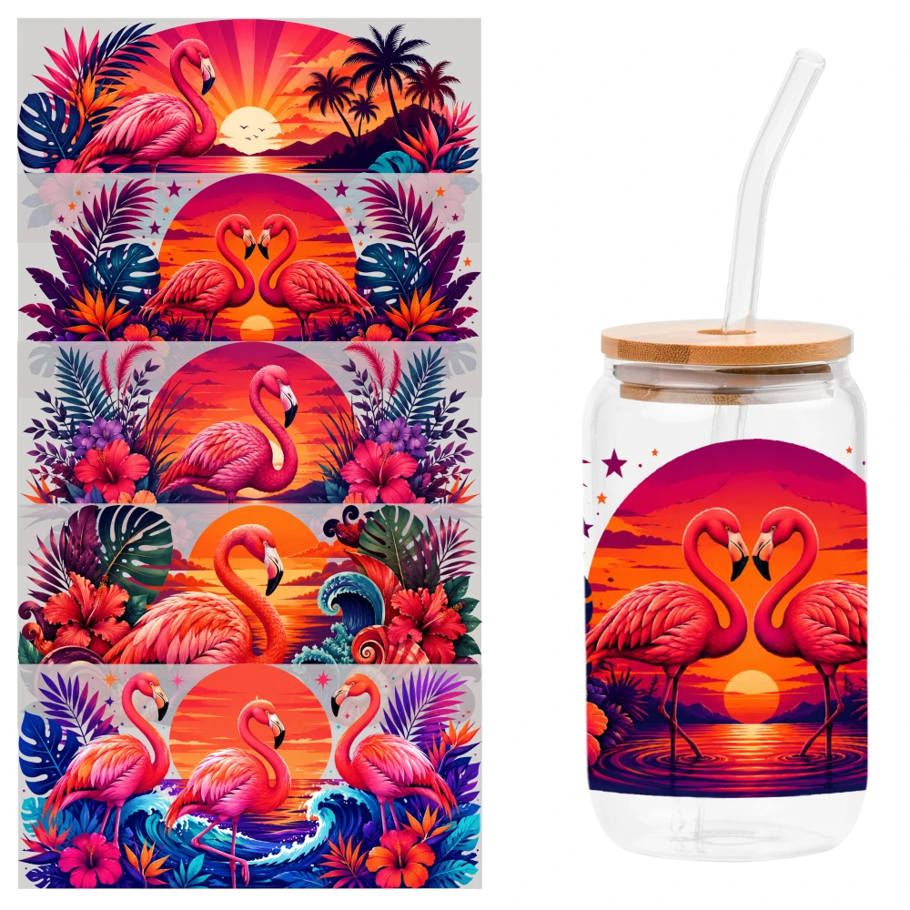 5 Sheets Flamingo Sunset Tropical UV DTF Stickers DIY Water Bottle Glass Waterproof Decals UV DTF Transfer Stickers for Glass