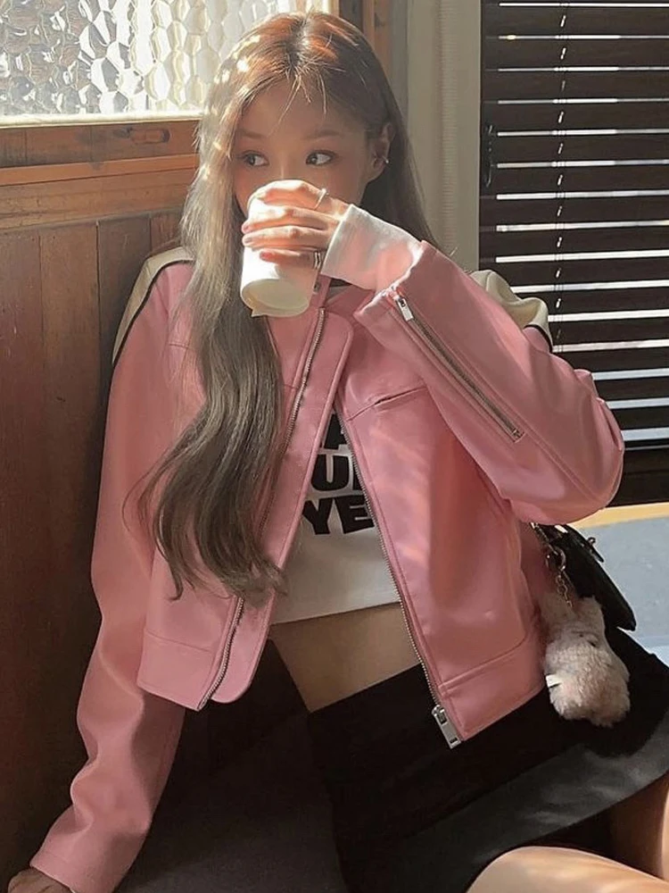Słodki, stylowy, różowy skórzany płaszcz motocyklowy Jaet dla kobiet, pikantny, jesienny/zimowy nowy model w małych rozmiarach z ekoskóry PU...