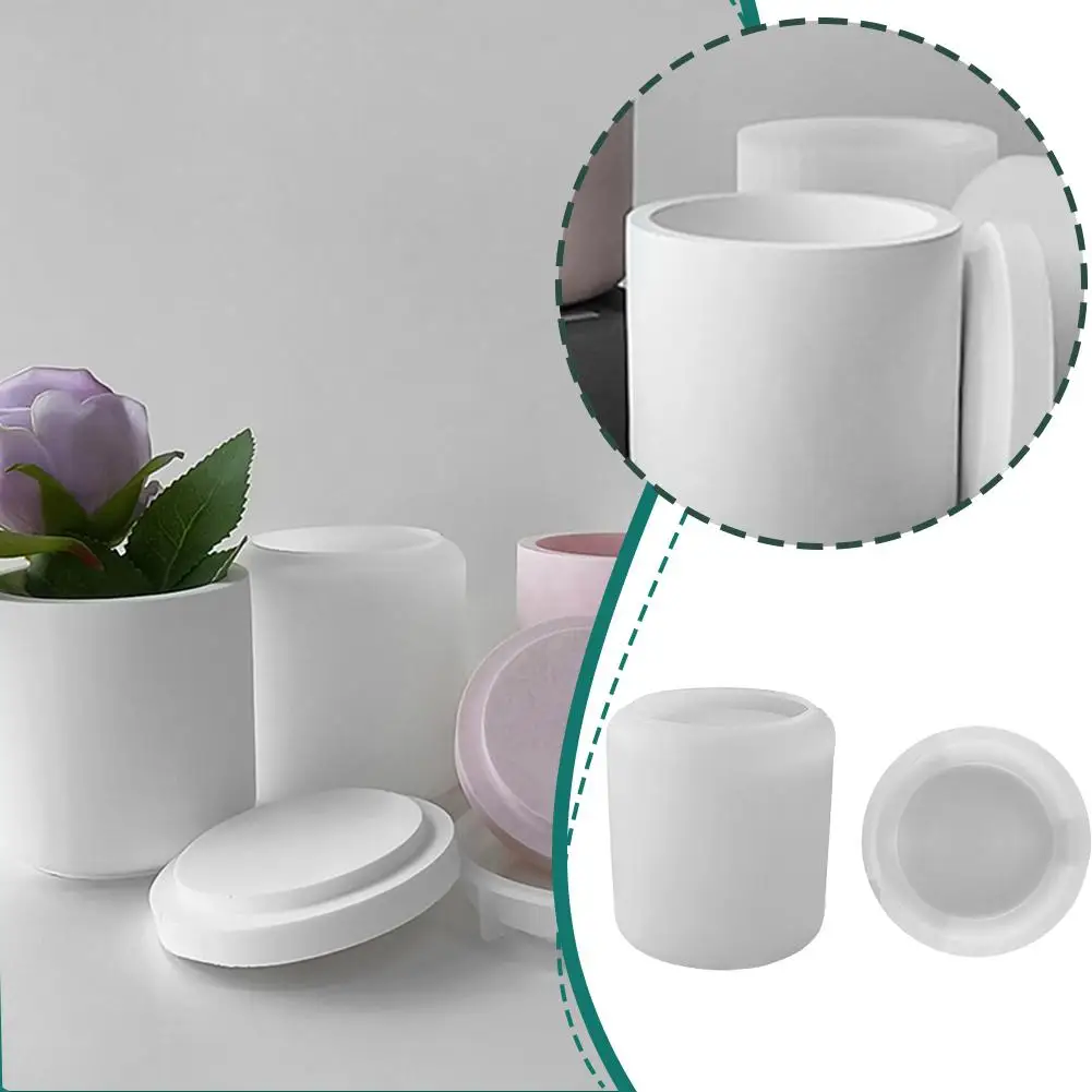 Jar Silicone Mold With Lid Round Candle Storage Box Flowerpot Mould Cement Vessel Plaster Succulent K4n8