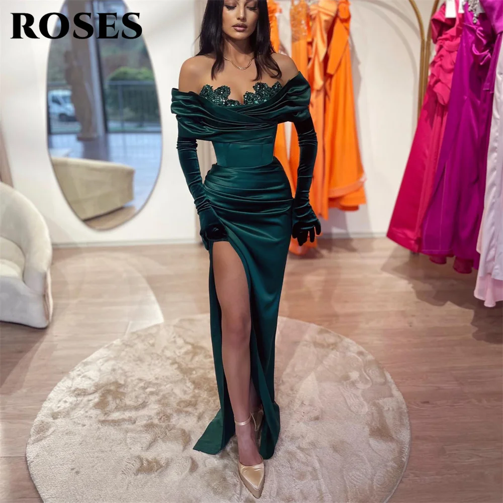 

ROSES Off the Shoulder Special Occasion Dress Shiny Pleat Trumpet Formal Gown Side Split Long Evening Dress vestidos de fiesta