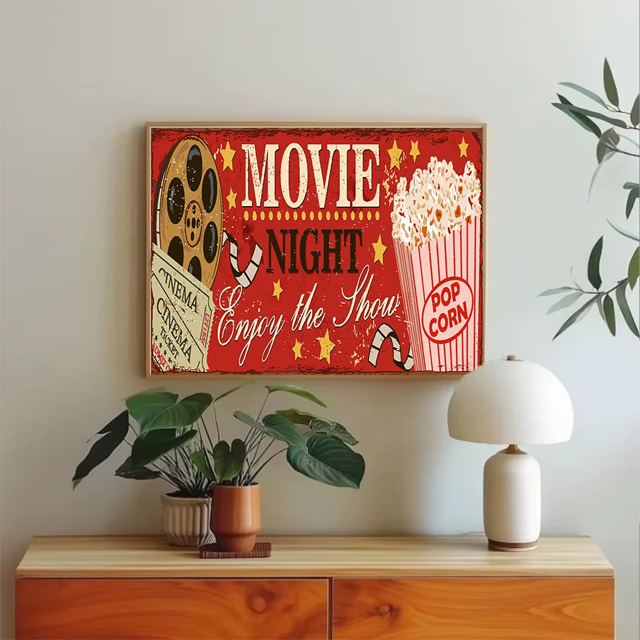 Vintage Movie Night Canvas Wall Art Retro Cinema Popcorn Film Reel Poster Home Decor Picture Frame Living Room
