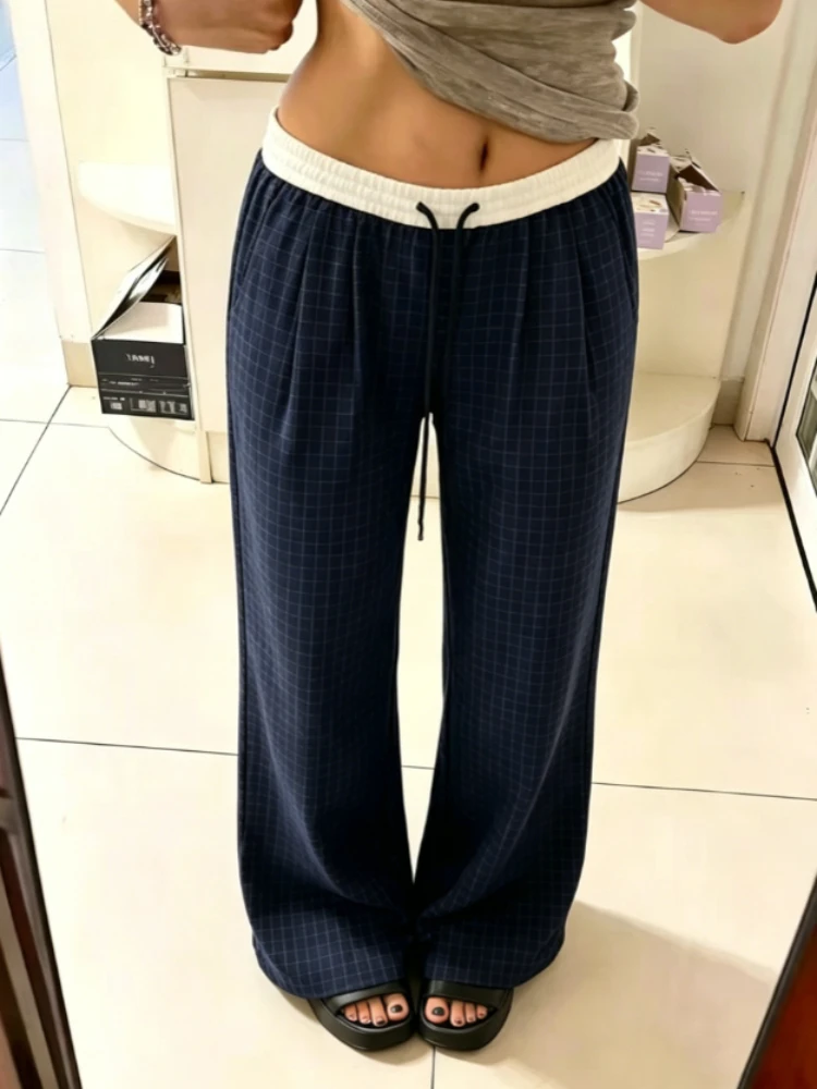 Retro Harajuku Style Plaid Straight Knit Pants Grunge Y2k Loose Oversize Wide Leg Casual Bottoms For Young Ladies 2026 Fall