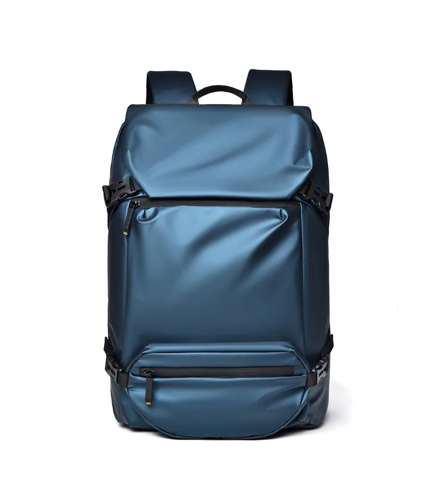 Navy blue workwear style backpack roll top closure dual compression straps double zipper pockets matte waterproof surface