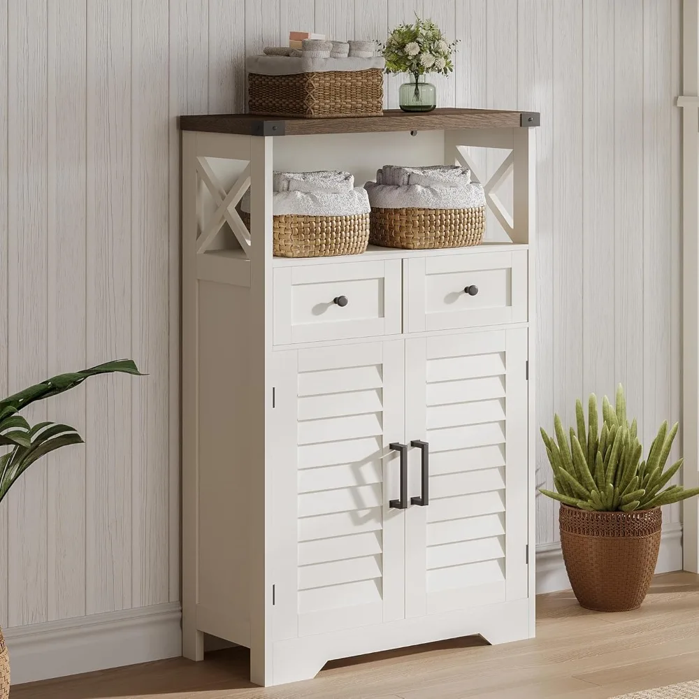 Farmhouse Storage Cabinet, Bathroom Floor Cabinet with Doors and Drawers, Kitchen Pantry Cabinet for Living Room, Laundry, White