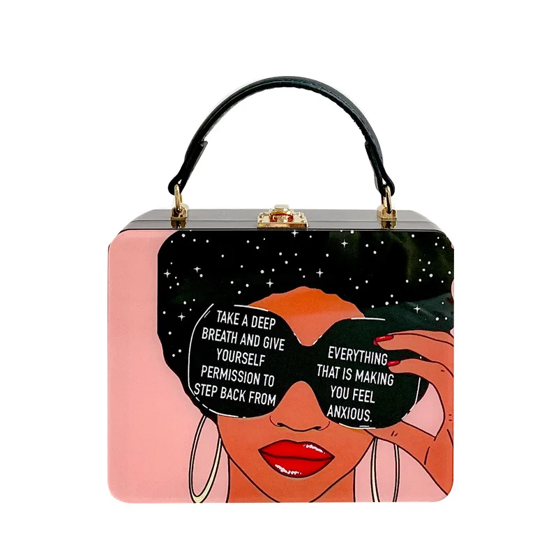 HIGHREAL Acrylic Print Box Handbag Designer Women Square Evening Clutch Shoulder Bag Ladies Dinner Party Purse Personality