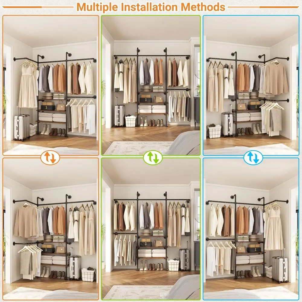 Industrial Pipe Clothing Rack, Reversible 7.25FT Wall Mounted Clothes Rack, Heavy Duty Garment Racks Closet Wardrobe with LED Li