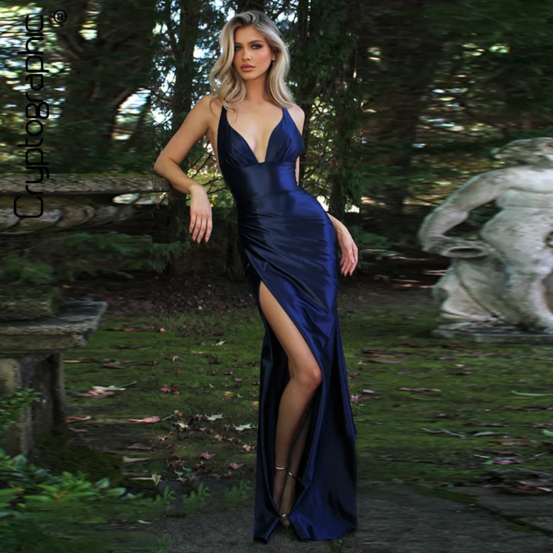 

Cryptographic Elegant Sleeveless Split Maxi Dress Gown for Women Prom Party Club Sexy Draped V Neck Backless Satin Dresses New