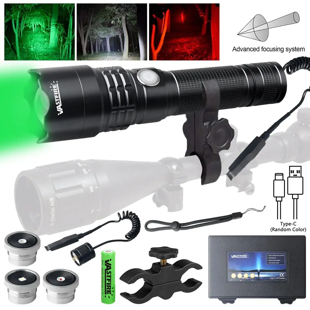 3in1 Tactical Flashlight Green/Red/White Rechargeable Zoom Hunting Flashlight Torch Professional Shooting Night Scout Light Set