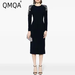QMQA Fashion Women's Elegant Slimming Dresses Bead Diamond Long Sleeved Mid Length Dress 2025 Female Spring New Clothing QM102