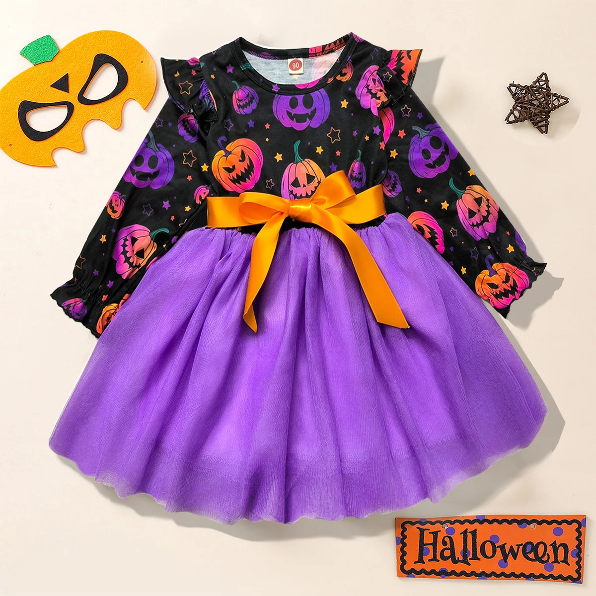 Children Halloween Clothes Girl Dresses Pumpkin Ghost Face Pattern Long Sleeved Girls Party Dresses 2-8Y Halloween Costume