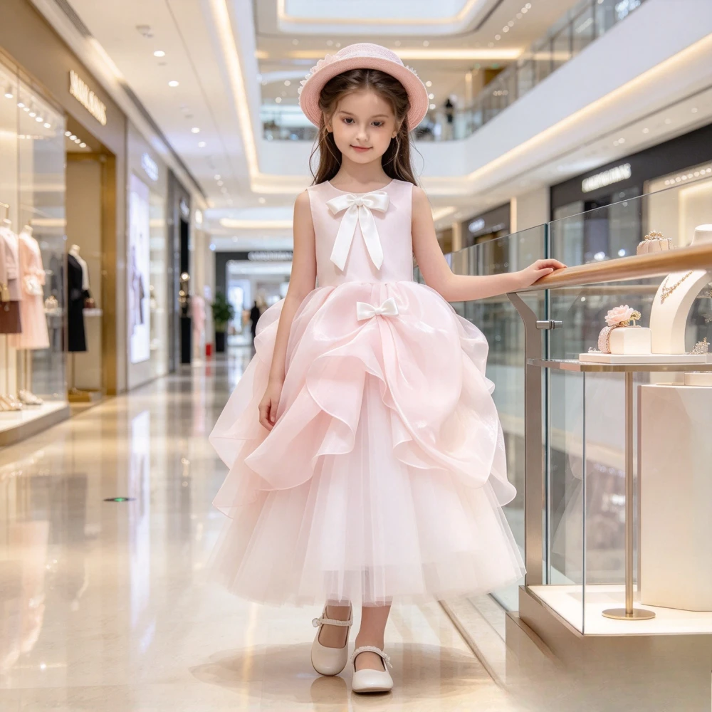 2026 New Pink Childrens Party DressFlower Girl Costume Bow Sweet Tulle Tutu Formal Gown Kids Girls Princess Birthday Wedding