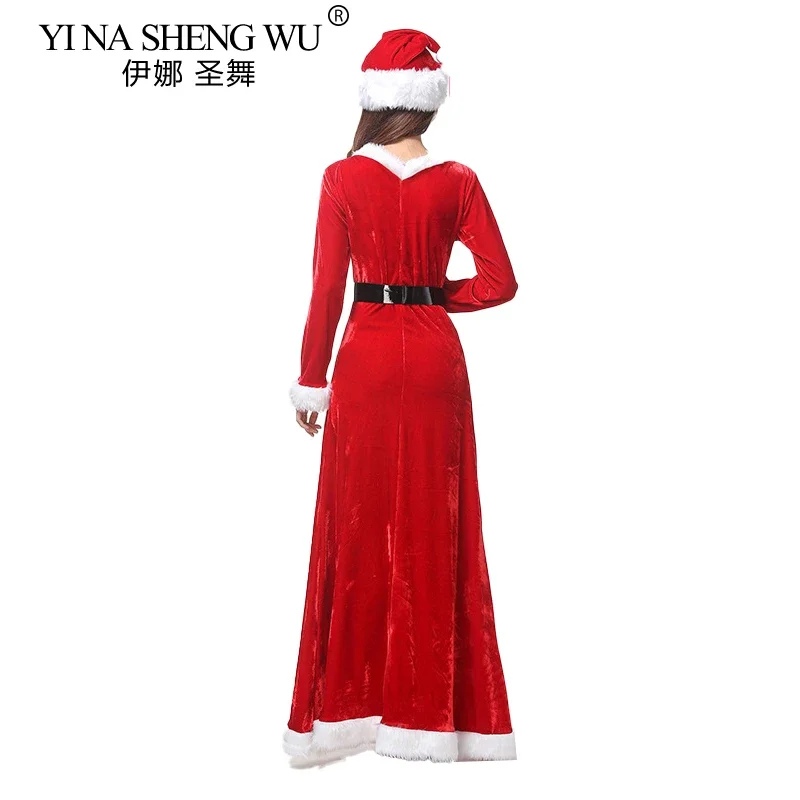 Deluxe Women Adults Christmas Velvet Dress Miss Santa Claus XMAS Costume Outfit Cosplay Red Long Dresses Long Sleeve Outfit Gift