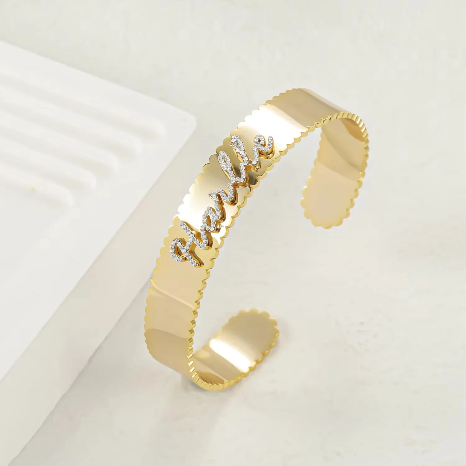 2025 Personalized Women's Wavy Edge Bracelet DIY Diamond Name Bracelet Open Stainless Steel Bracelet Gift