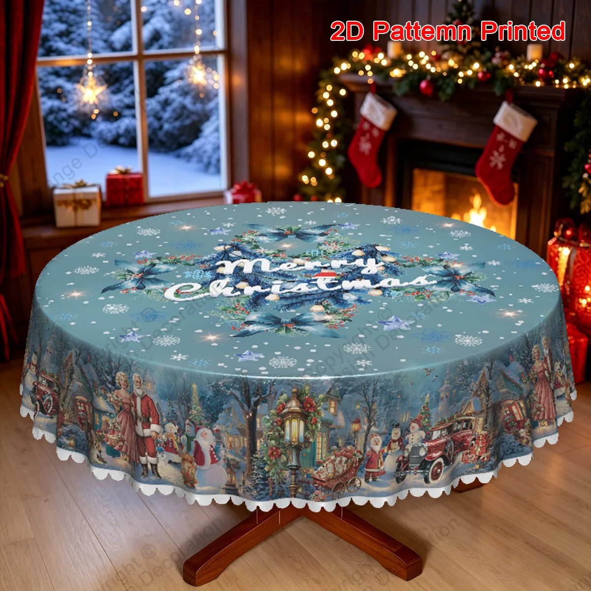 1 piece, Merry Christmas theme tablecloth, Christmas Eve town scenery pattern, red car, snowman, sleigh, snowflake pattern