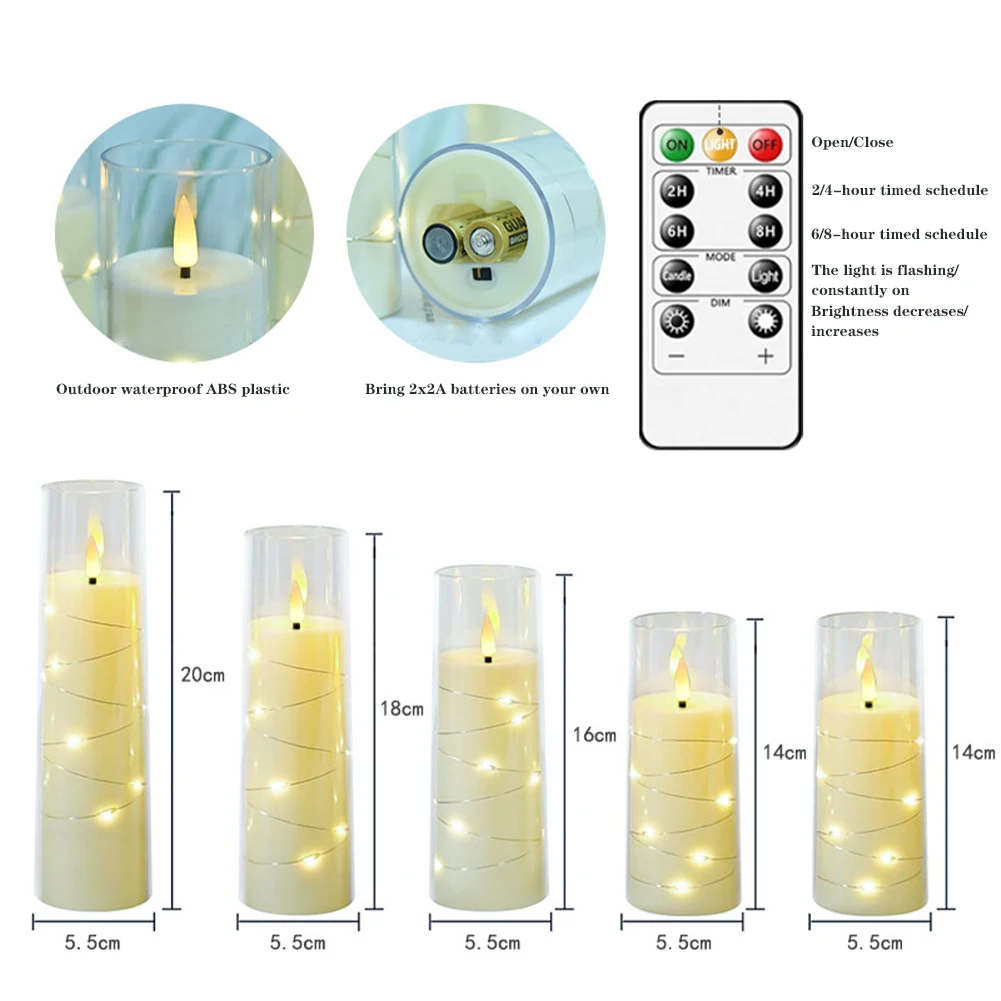 5 Stuks Flikkerende Vlamloze Led-Kaarsen, Acryl Led-Pijlerkaarsen Met Ingebouwde Lichtslingers Met Afstandsbediening ﻿