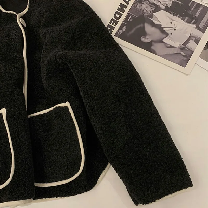 سترة شتوية جديدة فضفاضة قصيرة سميكة من فرو الضأن بأسلوب بسيط مقاس صغير أنيق من ألياف البوليستر معطف بأكمام كاملة #2