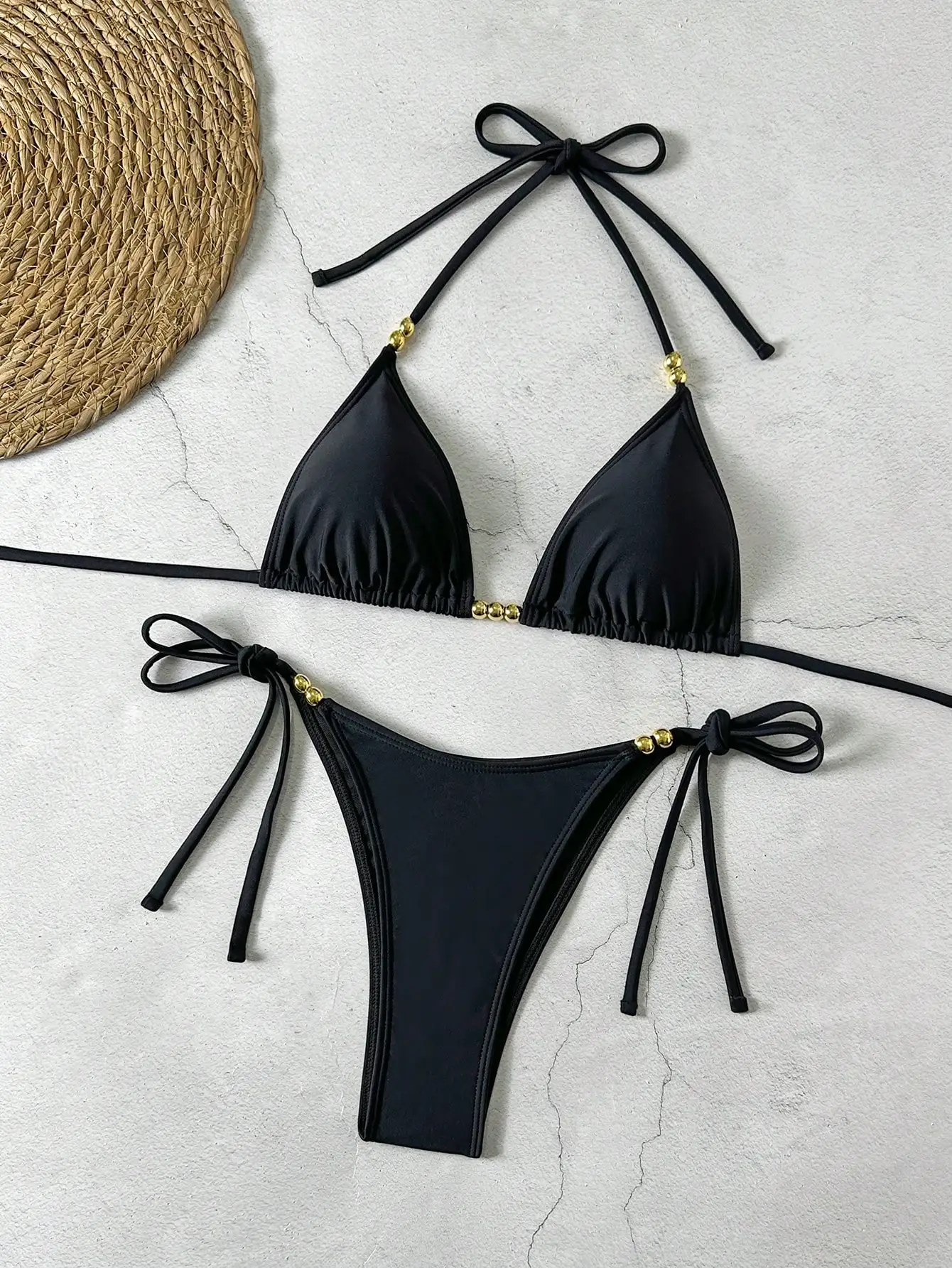 

Black Halter Tie Up Gold Bead Bikini Set Sexy Summer Beach Swimwear