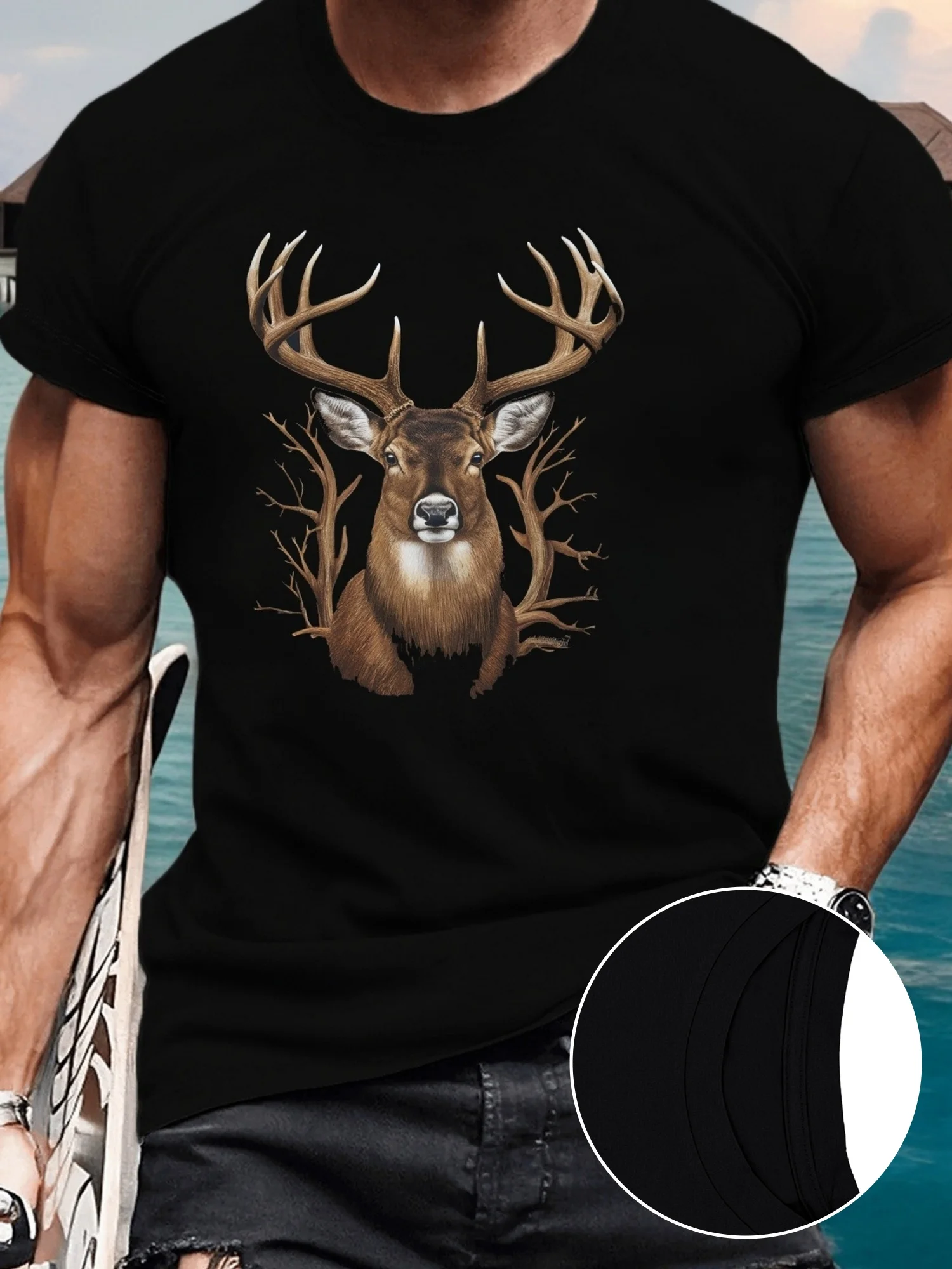 

Men's Majestic Deer Print T-Shirt - Casual Short Sleeve, Breathable Polyester, Machine Washable - Perfect for Summer