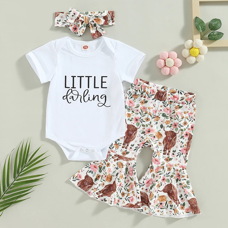 

2023-02-20 Lioraitiin 0-18M Kid Girls 3Pcs Clothes Short Sleeve Romper Tops Floral Long Bell-Bottoms Pants Outfit Head Band