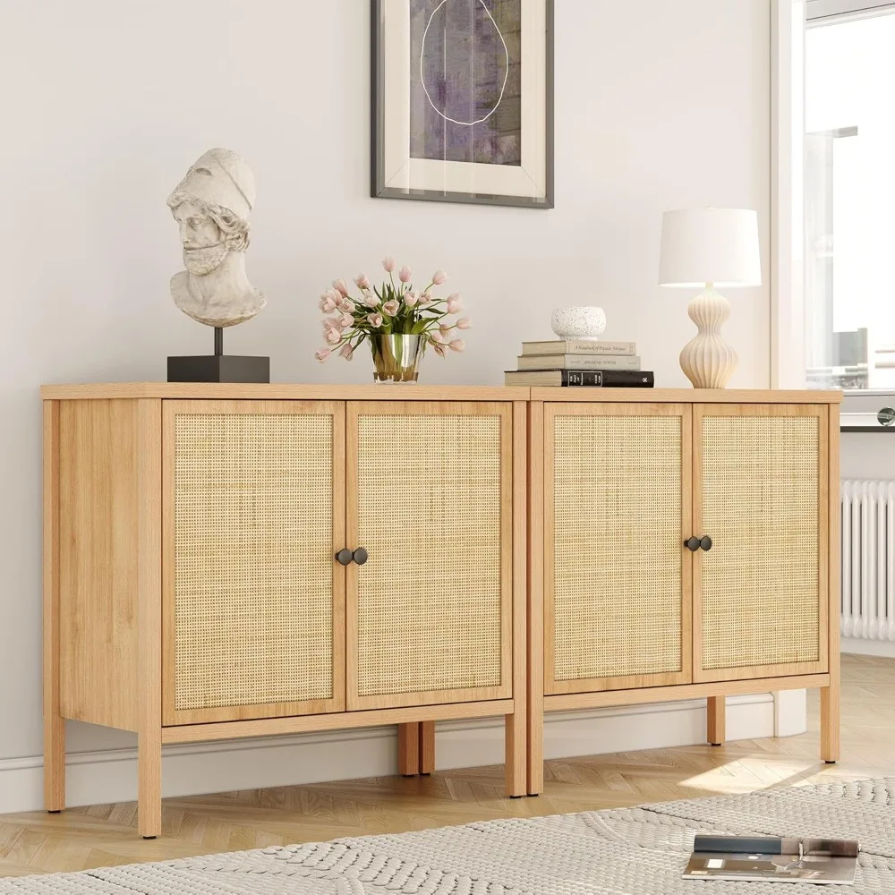 

Set of 2 Sideboard Buffet Cabinet with Natural Handwoven Rattan Doors, 66" W Large Rattan Cabinet with Adjustable Shelves