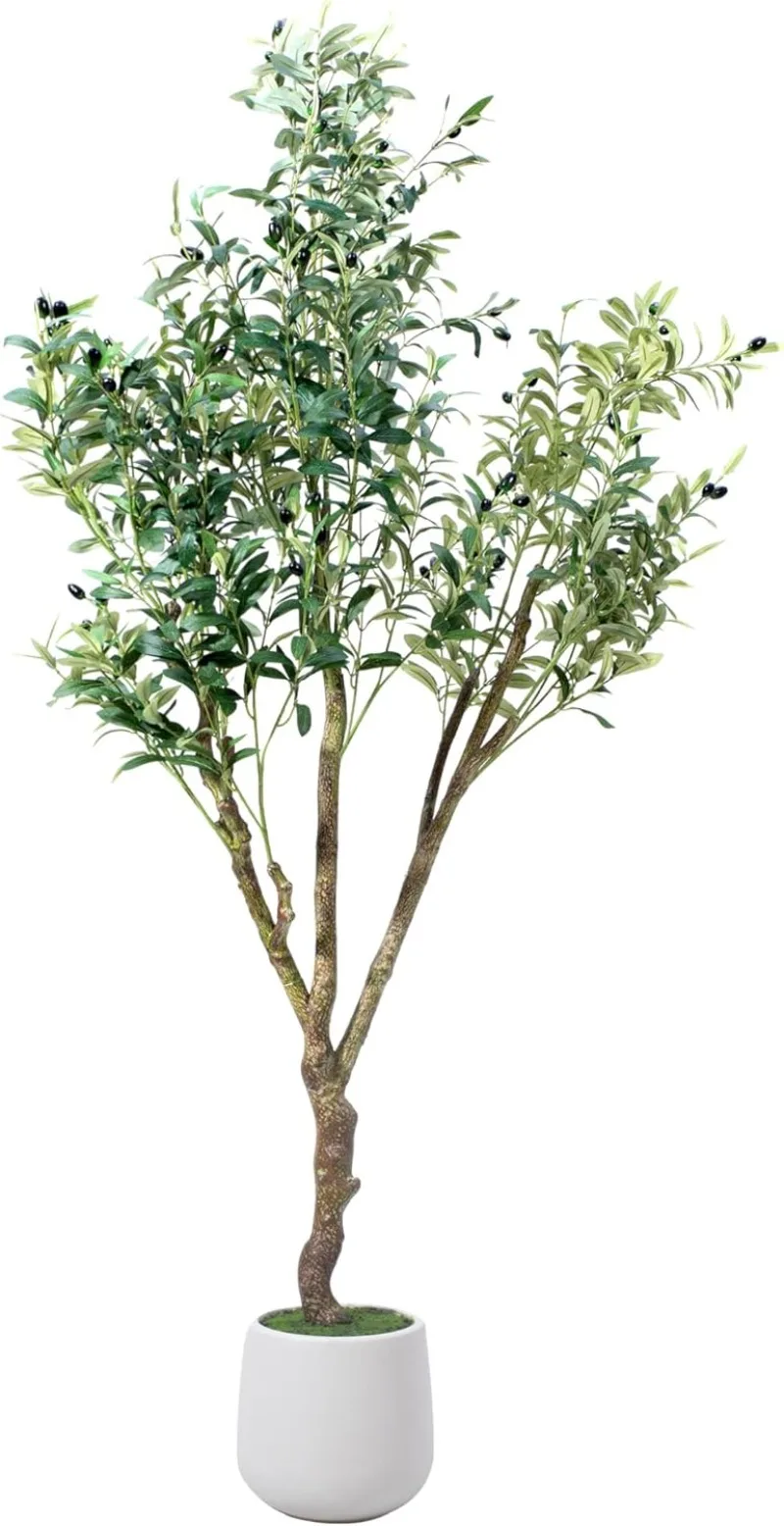 

Olive Trees Artificial Indoor, 6FT Tall Faux Olive Tree with White Tall Planter, Artificial Plants with Natural Wood Trunk and L