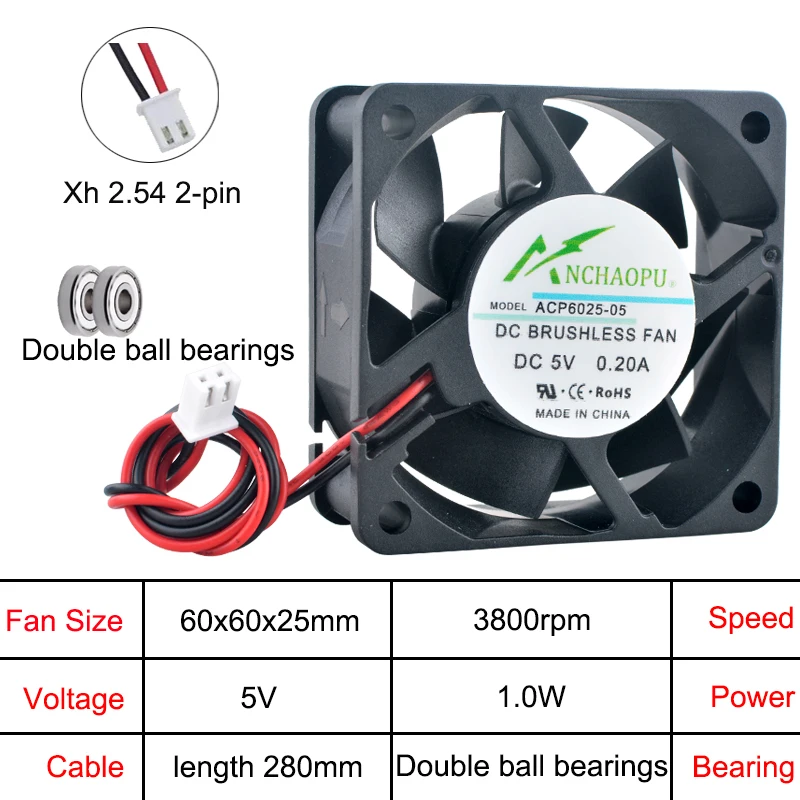 ACP6025 Wentylator 6cm 60mm 60x60x25mm DC5V/12V/24V 2-pinowy wentylator osiowy do ładowarek, zasilaczy i konwerterów częstotliwości — zdjęcie produktu 4
