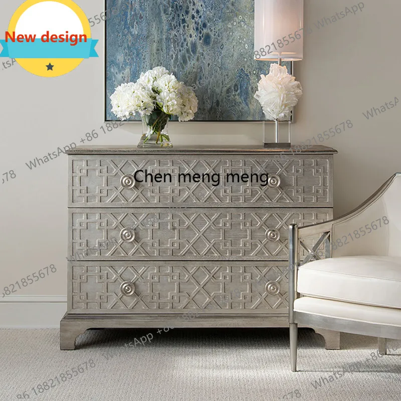 

Современный американский шкаф-тумба в стиле лайт-люкс, серебристый, под старину, с тремя отделениями, для прихожей виллы, из массива дуба.