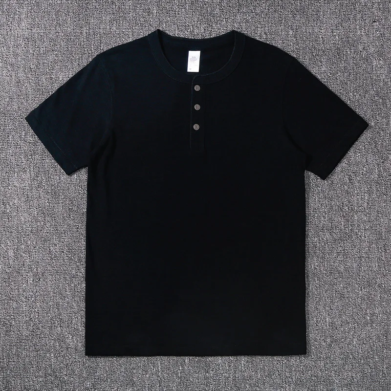 Ami الكاكي الثقيلة الخيزران القطن الرجال قصيرة الأكمام تي شيرت هنري طوق الأمريكية الرجعية فضفاضة لينة قاع قميص الصيف #2