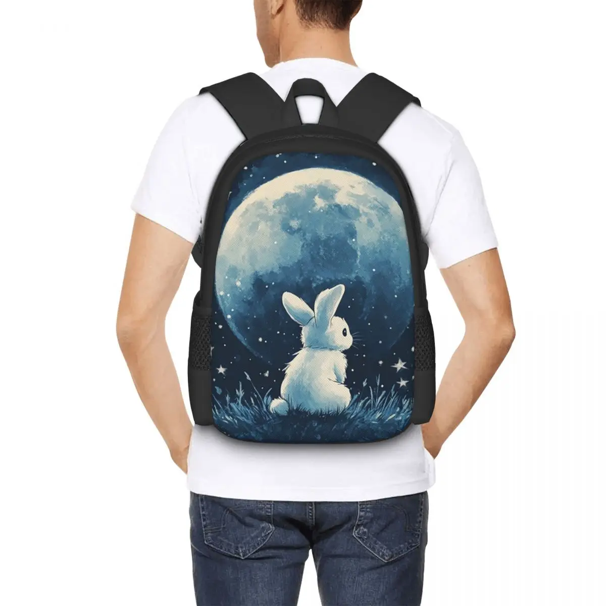 Cute Space Little Bunny Rabbit Student Backpack School Bag Hiking Travel Daypack for Men Women Fashion Bookbag Shoulder Bags