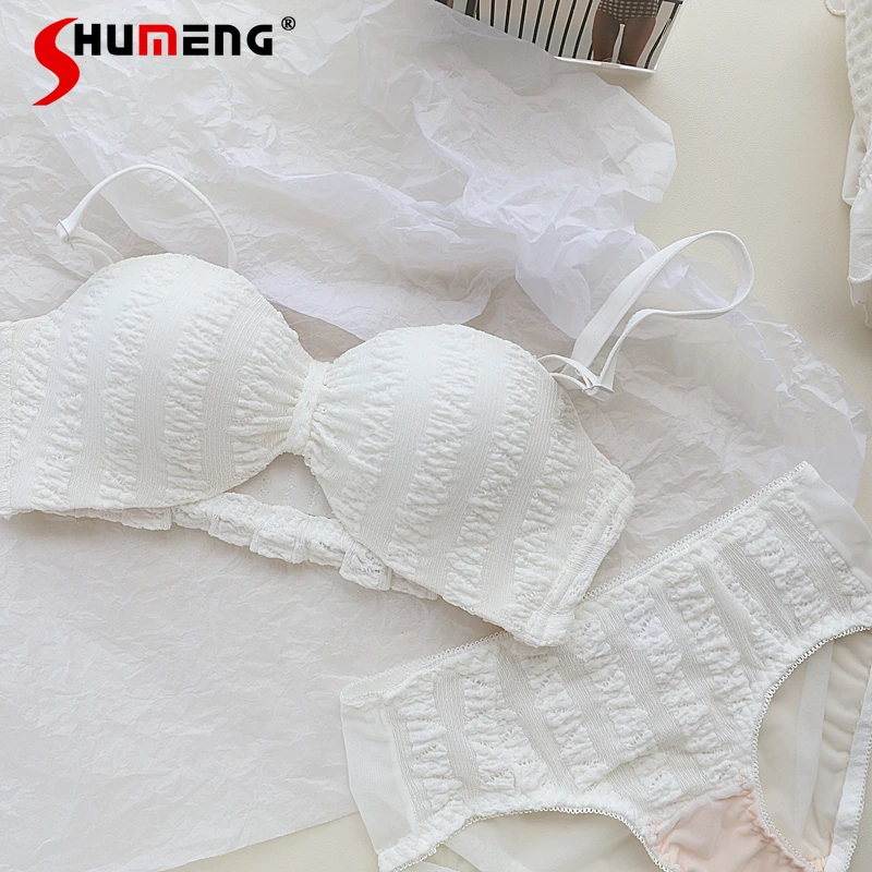 

Push Up Large Half Cup Bra Set for Women Sweet Hollow Out Half Cup Brief Suits Female Bubble Small Chest Thick Cup Intimates
