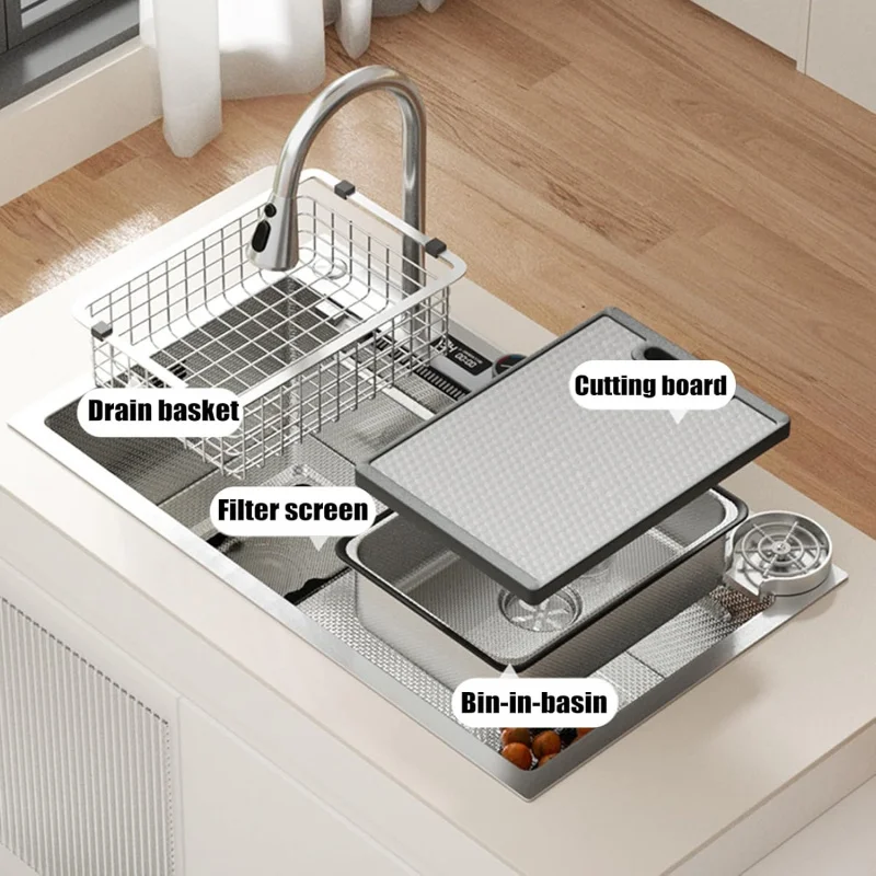 

(GGU) Кухонная мойка с водопадом, цифровой дисплей, одинарная чаша, серебристая раковина из нержавеющей стали (75*45 см), TQ