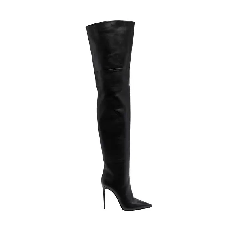 Arden Furtado 2024 Black cowhide Thin heels Thigh high boots Pointed toe Slip-on High-heeled pretty legs Skinny boots large size